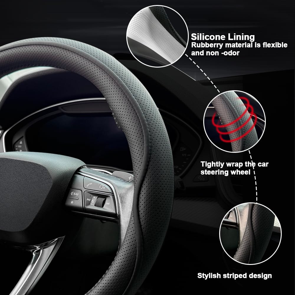 HAOTULE Coprivolante in pelle, con design a strisce antiscivolo, presa migliorata, stile alla moda, sicuro, antiscivolo, traspirante, per interni dell'auto (nero)