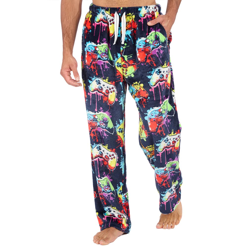 Metzuyan Men's Navy Gamer Ws-Aw25 Long Pyjama Bottoms Plush Fleece Pj's Pants Gamer Winter Navy Gaming Navy Size Large