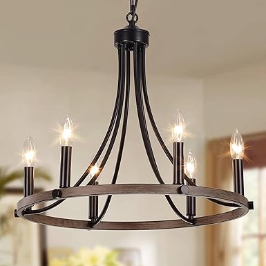 Online Generation 6 Light Wagon Wheel Chandelier,Farmhouse Chandelier Rustic Chandelier Black Antiq Wagon Wheel Pendant Light Candle Chandeliers for Living Room High Ceiling hanging pendant jhumar wheel Lamp