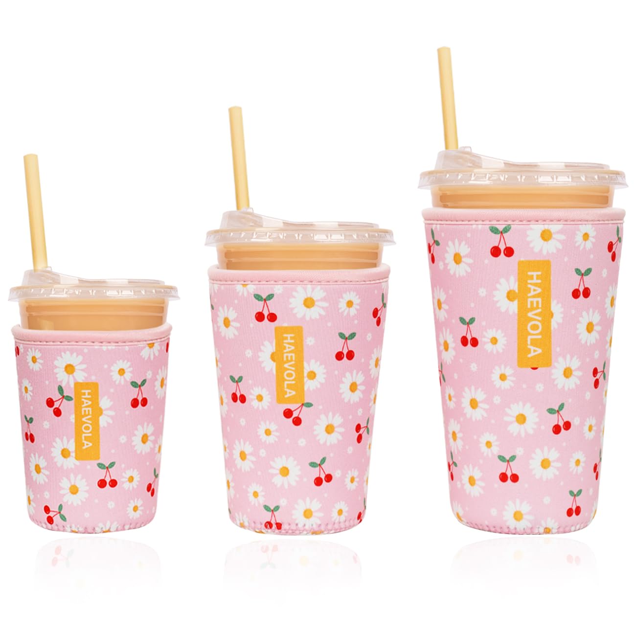 Reusable Insulated Neoprene Iced Coffee Cup Sleeve, Durable Drink Sleeve for Cold Beverages, Beverage Holder for Iced Coffee (Cherry Daisies)