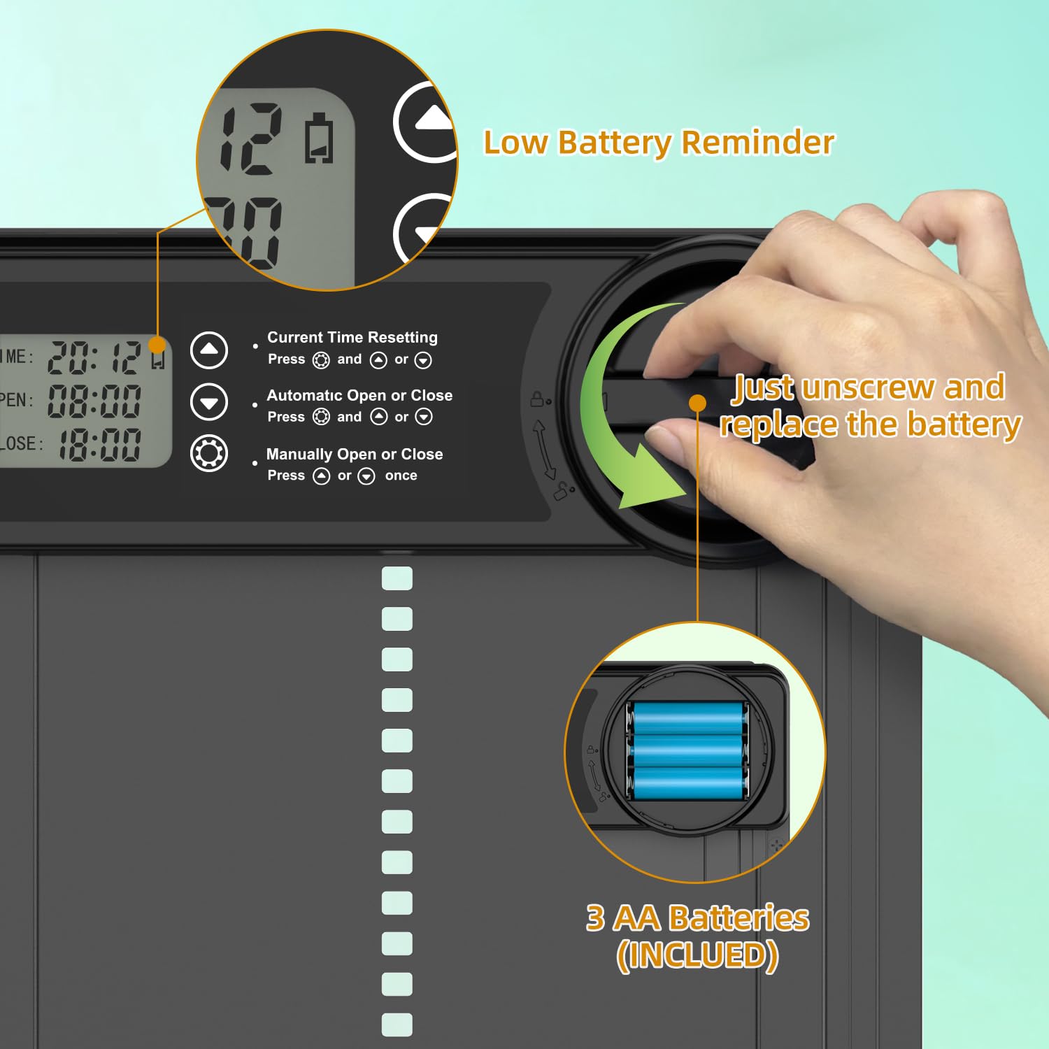 Automatyczne drzwi kurnika, zasilane bateriami, elektryczne drzwi kurnika z inteligentnym timerem, czujnikiem zapobiegającym ściskaniu, wyświetlaczem LCD i przypomnieniem o niskim poziomie