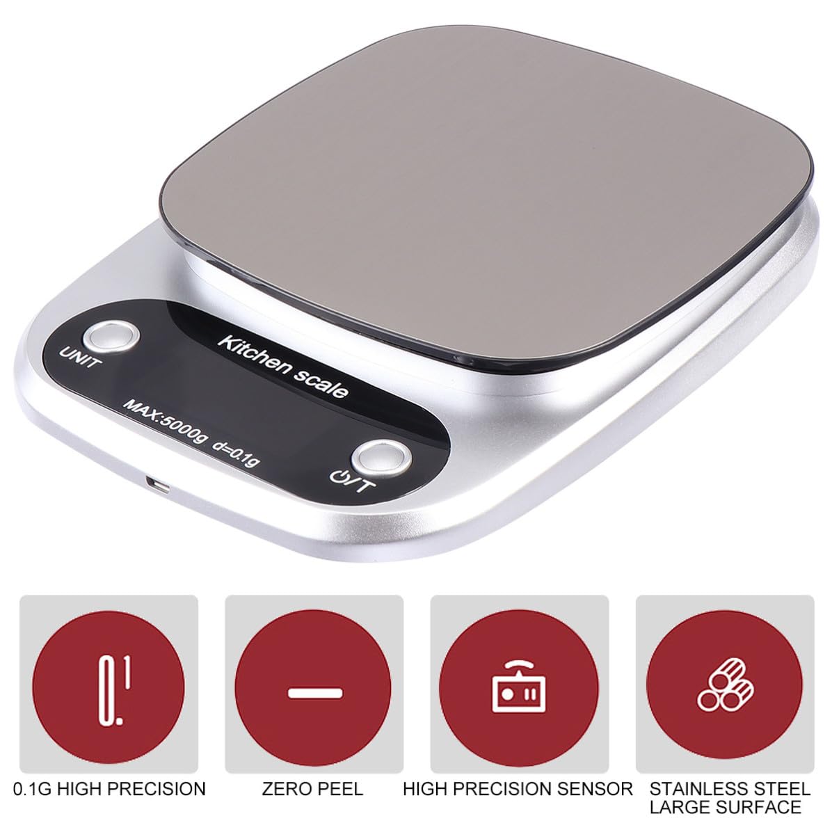 Báscula Digital Pantalla Lcd de Cocina de Acero Inoxidable Recargable Capacidad de 5kg y Precisión de 0,1g para Uso en Cocina y Repostería