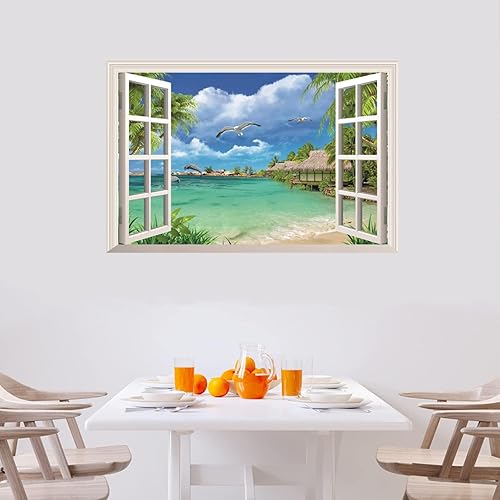 Miniatura 2 de Calcomanías de pared para ventana de paisaje marino, criaturas oceánicas, calcomanía de pared falsa para ventana, paisaje verde, 3D, autoadhesivo,
