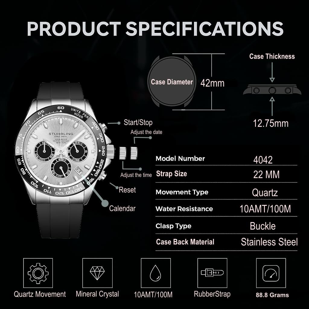 Stuhrling Aquamaster Quartz Chronograph Watch Silver Dial Screw Down Crown Luminous Hands, Ceramic Bezel, Black Rubber Band for Men 42mm Case Date Water Resistance