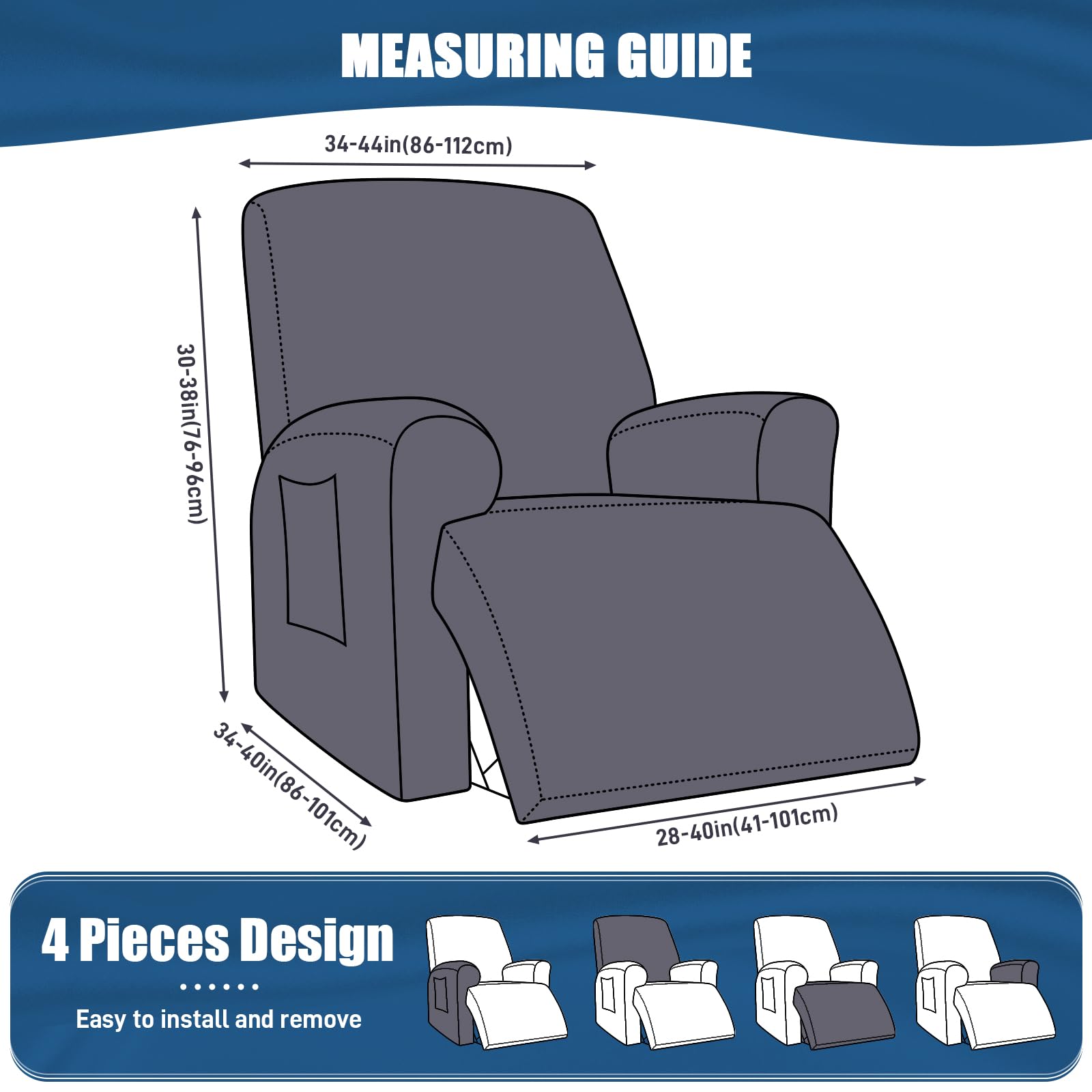 TAOCOCO Oversized Recliner Chair Covers 4-Pieces, Stretch Recliner Cover for Large Recliner Washable Reclining Chair Cover Polyester Soft Fabric Furniture Protector (Oversized Recliner, Black)