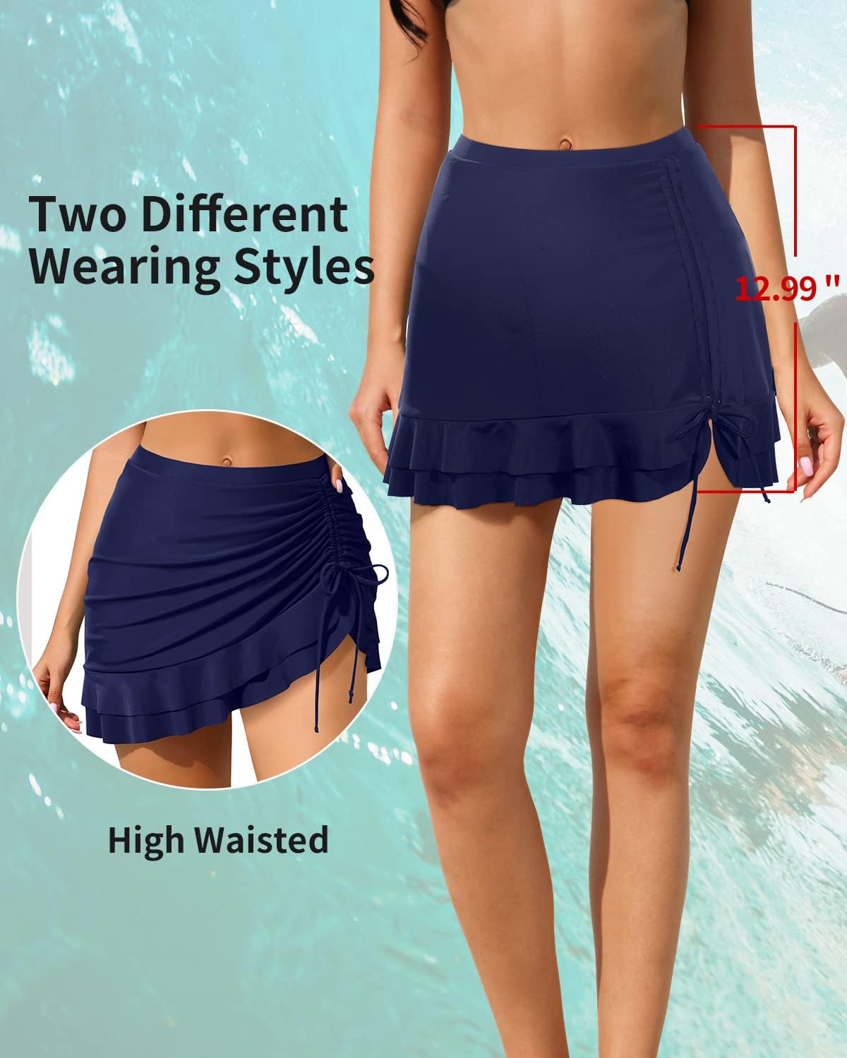 Pinup Fashion High Waisted Swim Skirt - Women Drawstring Ruched Bathing Suit Bottoms with Built-in Brief - Image 4