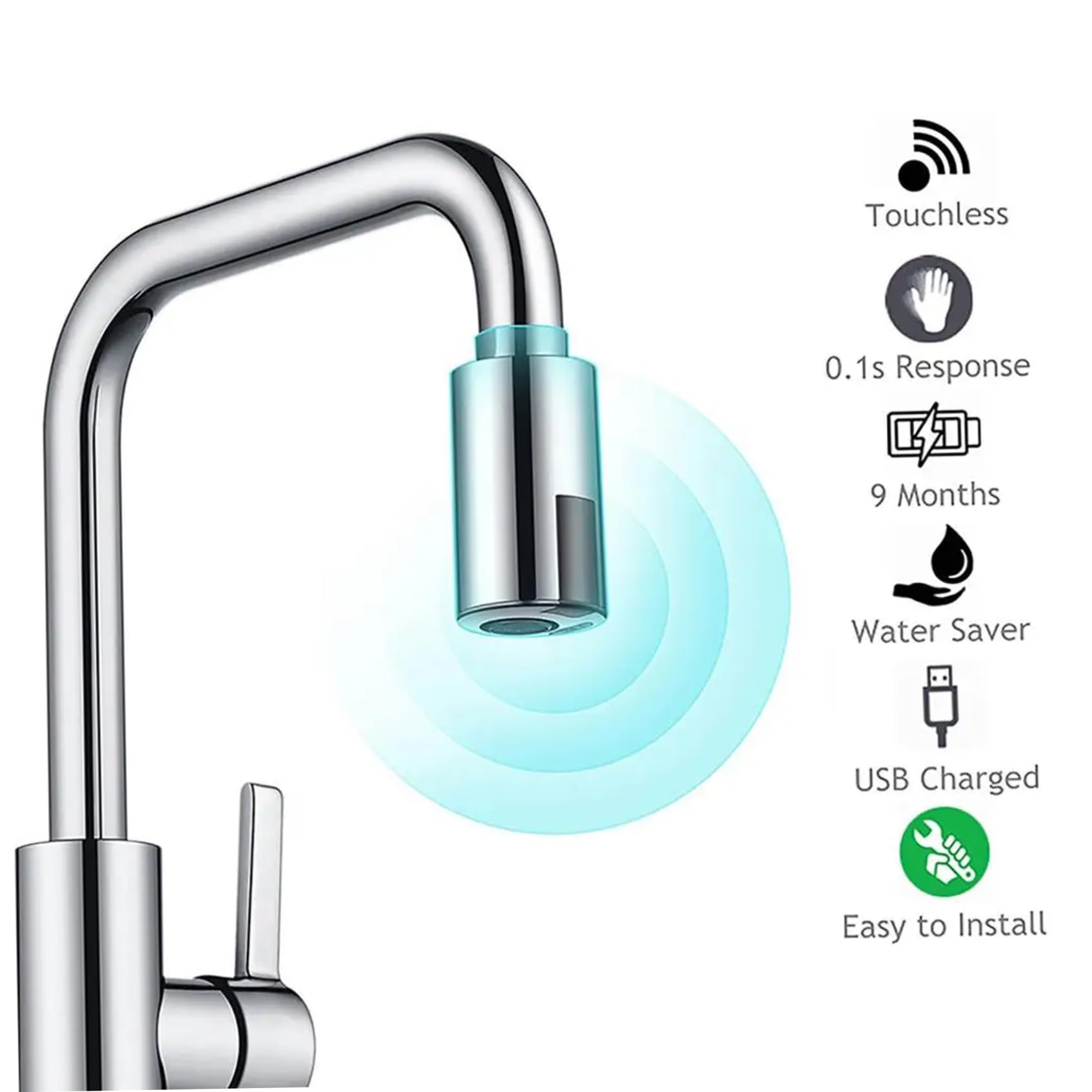 Adaptador automático de grifo sin contacto con sensor de movimiento de 2 m, ahorro de agua para cocina y baño, control manos libres para lavabo, fácil instalación y respetuoso con el medio ambiente