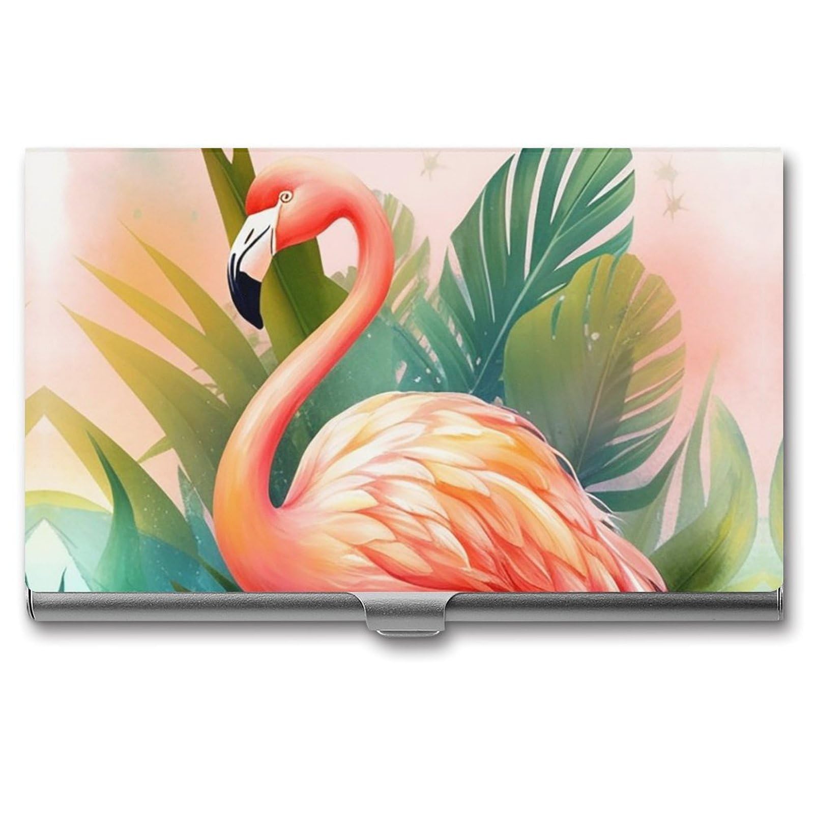 BTCOWZRV Tropical Flamingo Business Card Holder Metal Slim Business Card Case, Pocket Card Holder for Men Women Purse Name Card Holder Stainless Steel Wallet Credit ID Case for Office