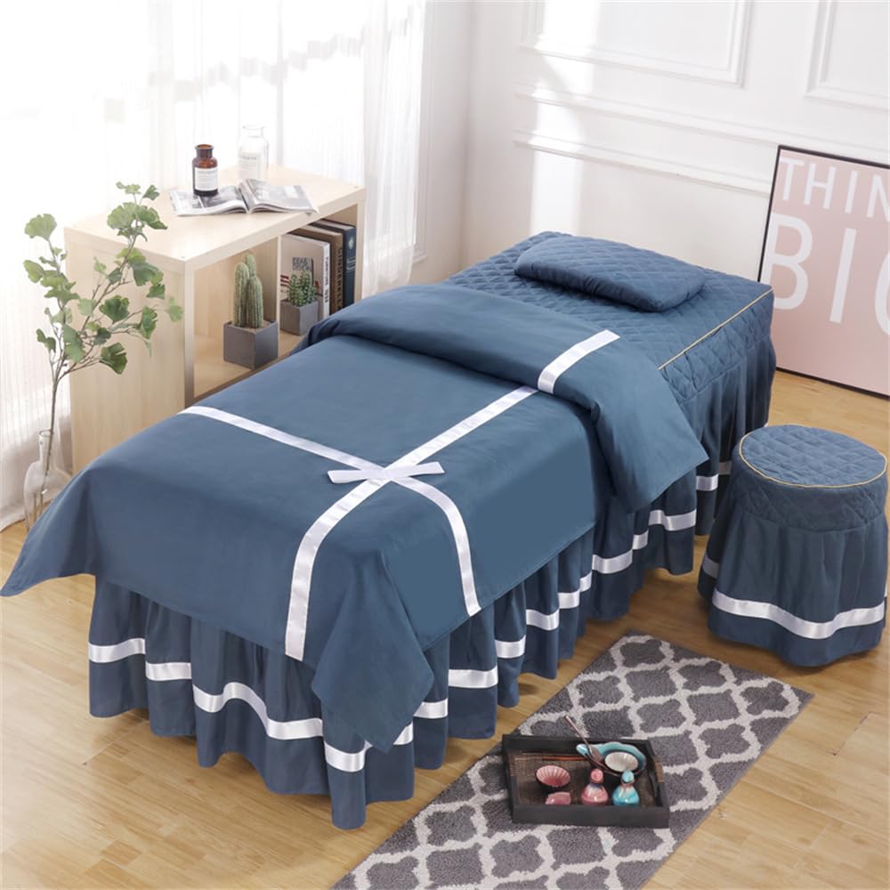 Surwin Juego de Sábanas de Masaje de 4 Piezas,Falda De Mesa De Masaje Funda De Cama De Salón Respirable Protector de Cama con Agujero para la Cara (Azul marino sencillo,180x70cm)