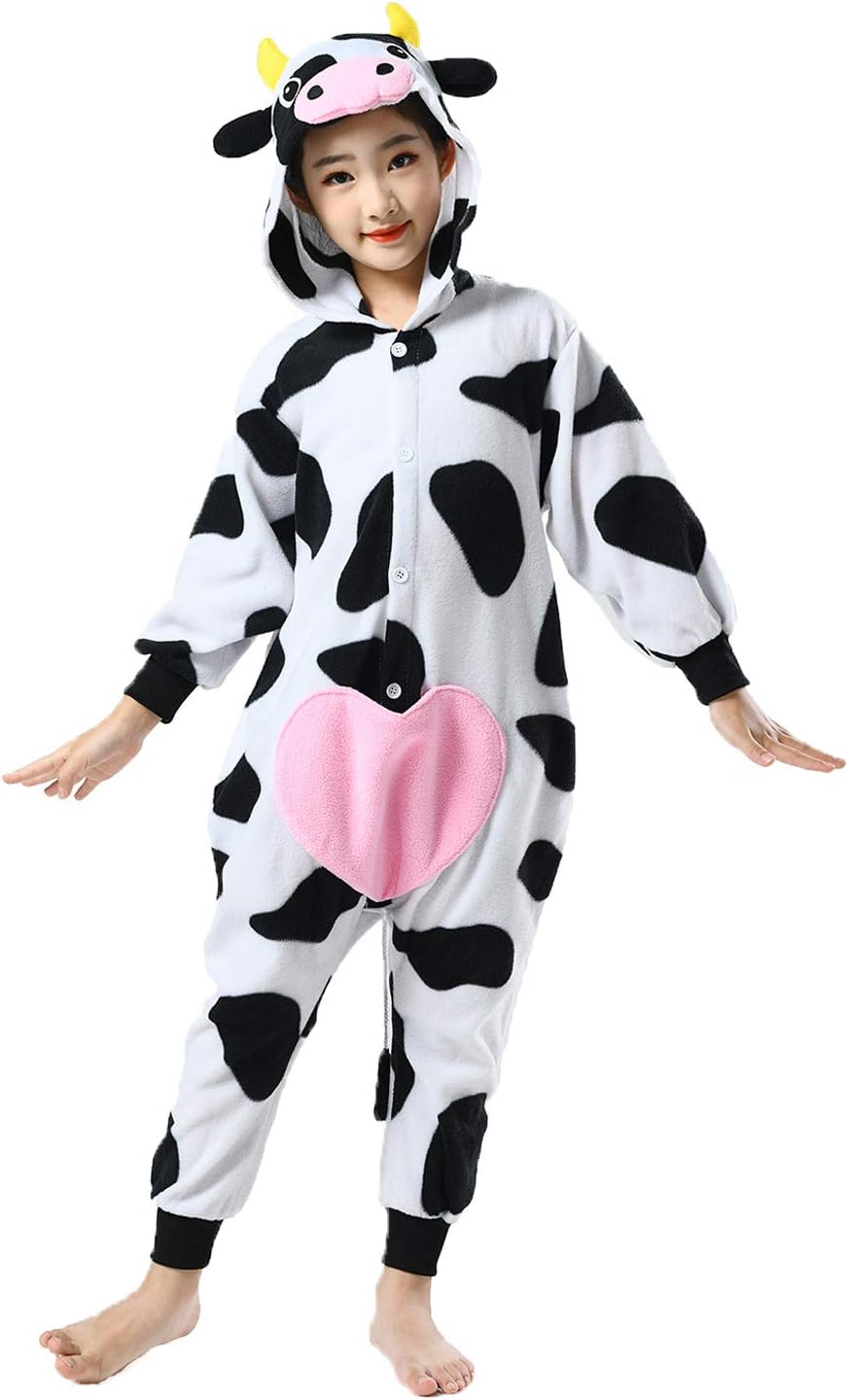 CANASOUR Kids Christmas Halloween Cow Costumes Anime Cosplay Animal One Piece Onesie Pajamas 10-12 Years Girls Boys (10(125#), Cow Black and White)