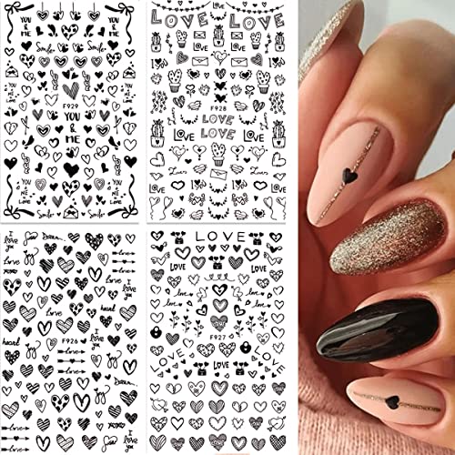 Valentines Nail Stickers Black Heart Nail Art Sticker Decal Black Heart Love Sample Shape Nail Design For Women Valentines Nail Art Supplies Diy Decoration 4Sheets #TOP5