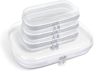 honitty Clear Hard Shell Zipper Case,3PCS Transparent Clear Laser Zipper Pouches,Hard Side Plastic Case Set,Portable Travel Storage Organizer Bins