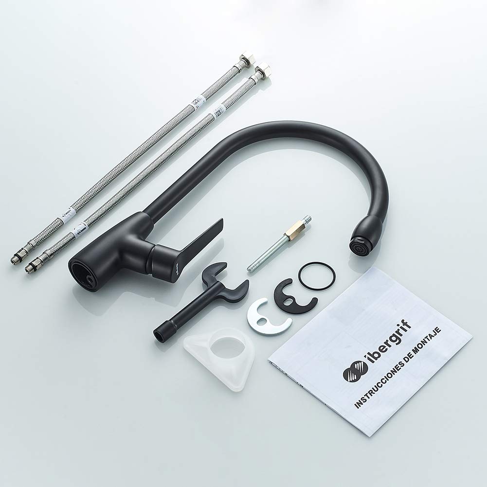 Ibergrif Grifo Cocina Negro, Grifos Cocina Fregadero Profesional con Caño Alto, Grifo de Cocina para 2 Modos Giratorio a 360° Monomando, M14026B