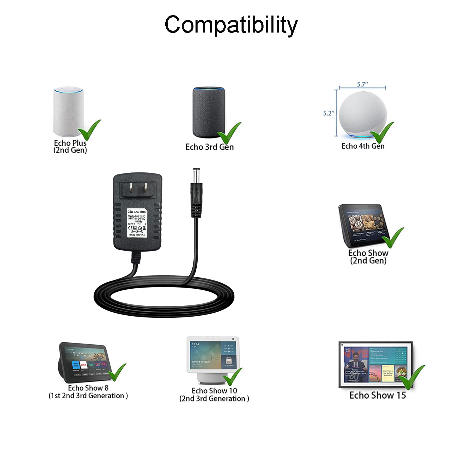 Amazon.com : 30W Power Cord Adapter Replacement for Echo Show 8