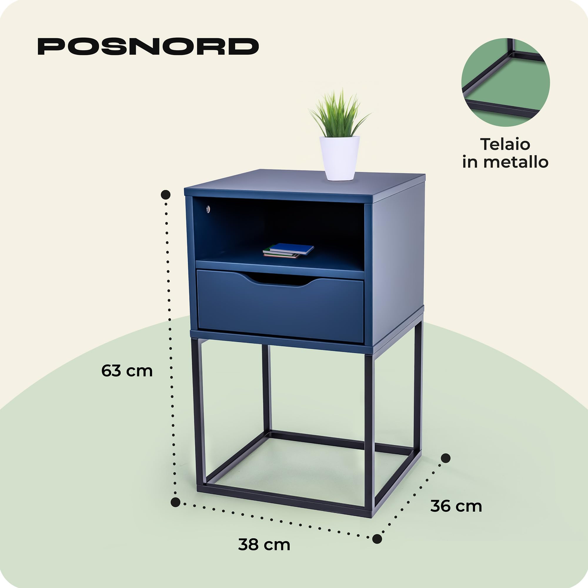 Comodino Moderno Camera da Letto L38 x P36 x H63 cm, Tavolino Notte con Cassetto e Gambe in Metallo, Design Scandinavo, Mobiletto Contenitore Compatto, Comodino Blu Scuro