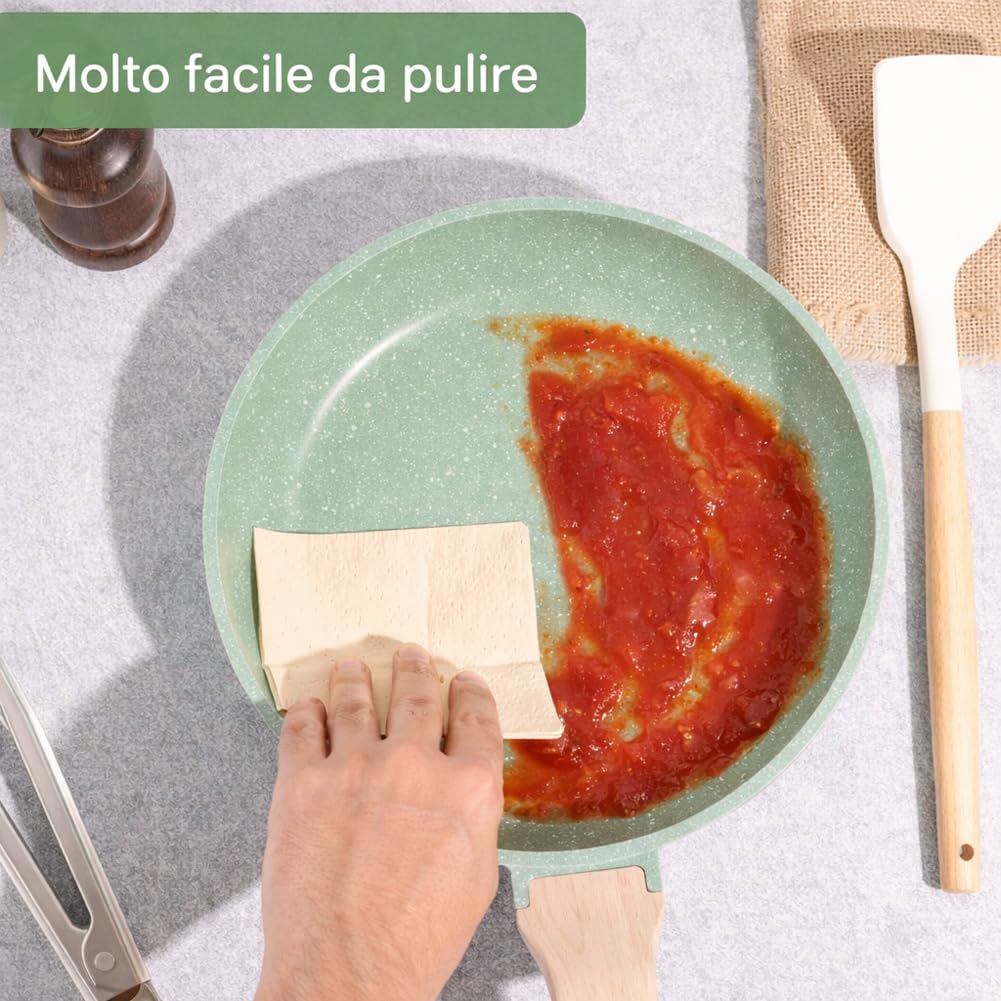 BAKAJI Batteria di Pentole e Padelle 21 Pezzi a Induzione e Gas, Set Adatto a Tutti i Piani Cottura, Antiaderente in Alluminio Pressofuso ed Effetto in Granito con Coperchio e Accessori (Verde)
