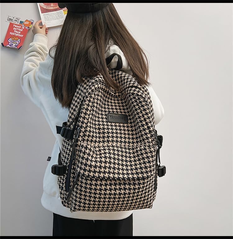 Vintage Tweed Backpack Aesthetic Houndstooth Print 15.6 Inch Laptop Backpack for Women Men Casual Daypack (One Size,Khaki) - Image 2