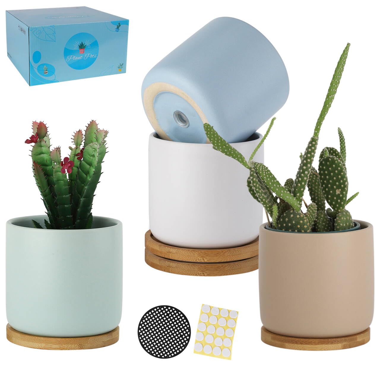 Keramik-Blumentöpfe mit Ablaufloch und Untersetzer, kleine, moderne Blumentöpfe mit Tabletts für Sukkulenten, Kakteen und Kräuter, Morandi-Farben, 4 Stück | Entwässerungsloch und Untersetzer, kleine moderne Blumentöpfe für Sukkulenten, Kakteen und Kräuter