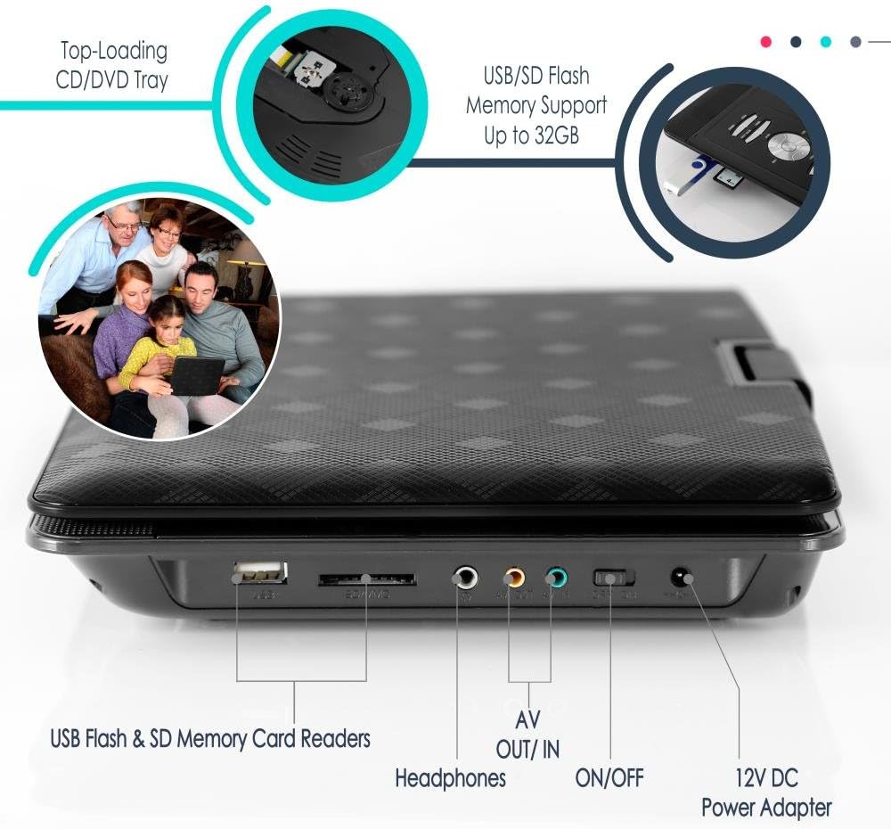 Pyle Portable DVD CD Player - 7” High Resolution TFT Swivel Angle Foldable Display Screen Built-in Rechargeable Battery USB/SD Card Readers 32GB Memory & Multimedia Support w/ Remote Control - PDH7