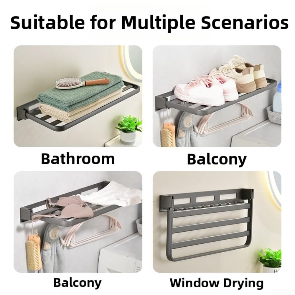 Portasciugamani da bagno pieghevole in acciaio inox, 58,5 x 27 x 6,5 cm, design a doppia barra con ganci a parete, salvaspazio e antiruggine, per bagni piccoli e spazi compatti