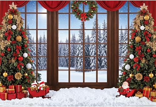 CRTPOD Telón de fondo de ventana de Navidad de 5 x 3 pies para sesión de fotos, fondo de bosque de nieve de invierno para fotografía, árbol de