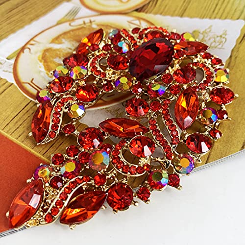Image of SELOVO Big Large Rhinestone Green Leaf Statement 3.5 inch Brooch Pin Scarf Broach Gold Tone