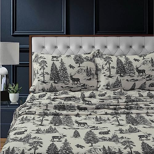 Tribeca Living 100% Cotton Flannel Sheet Set - 200 GSM, Deep Pocket, Ultra Soft & Cozy, Queen, Deer Toile Charcoal