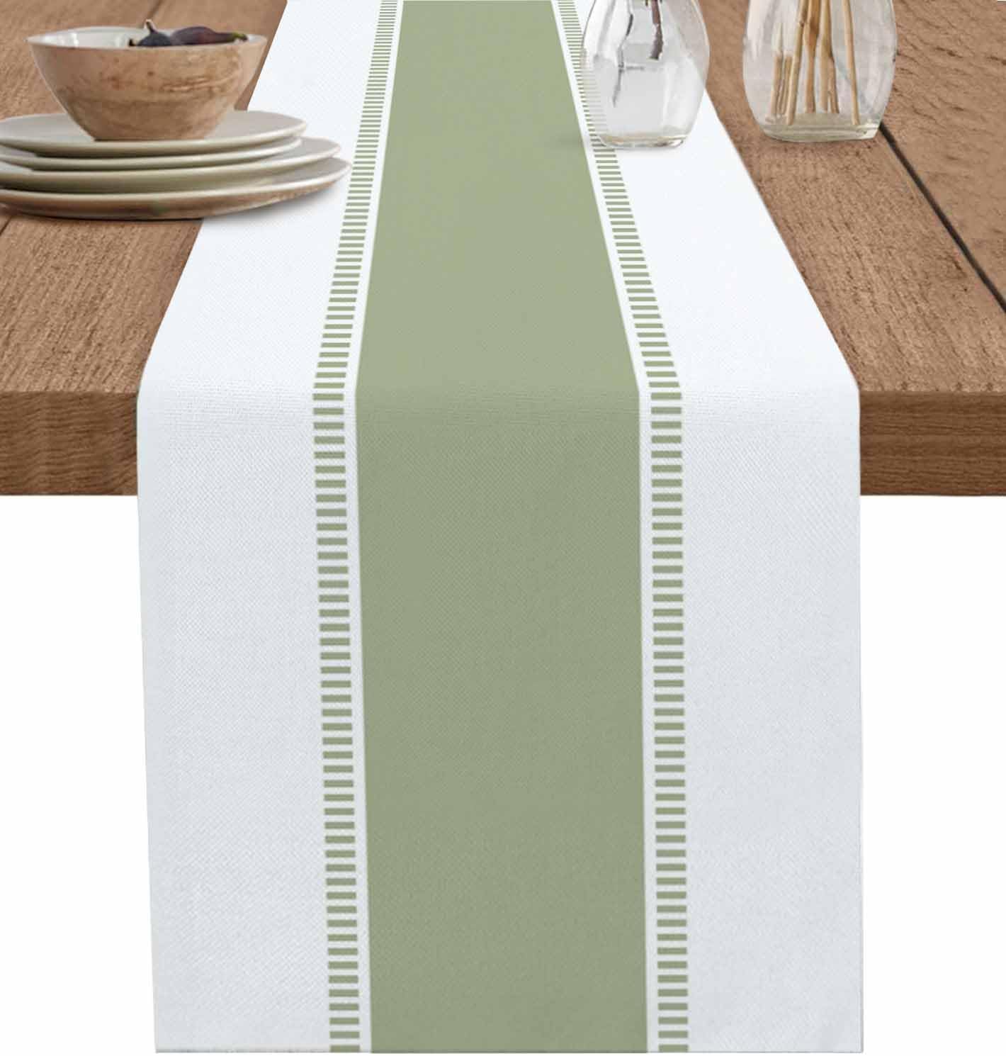 Sage Green Stripe Table Runners 36 inches Long, Linen Boho Table Runner Farmhouse Dresser Scarves,Decortaive Table Runner Cover for Dining Coffee Table Holiday Party Wedding