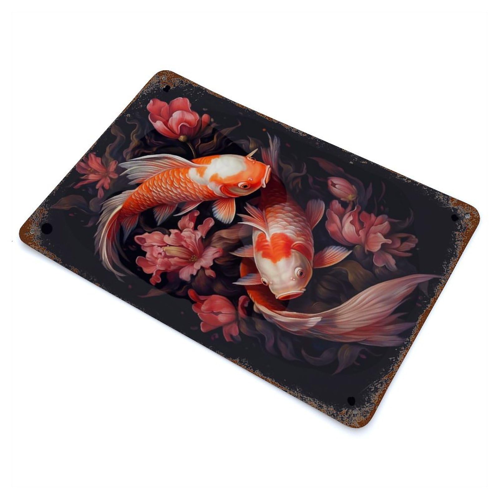 Lucky Koi Fish Weathered Tin Sign 11.8"x7.9", Shabby Chic Decor for Garage, Pub Or Kitchen