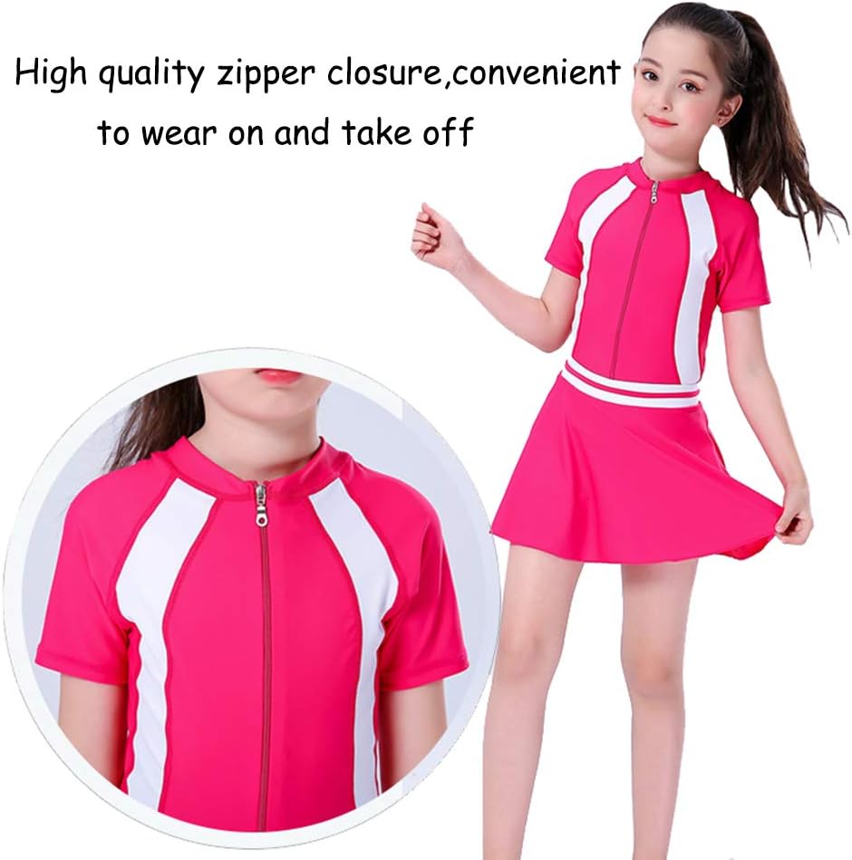 BIKMAN Children's Wetsuit Girls Split Short-Sleeved One Piece Board Swimsuit with Skirt