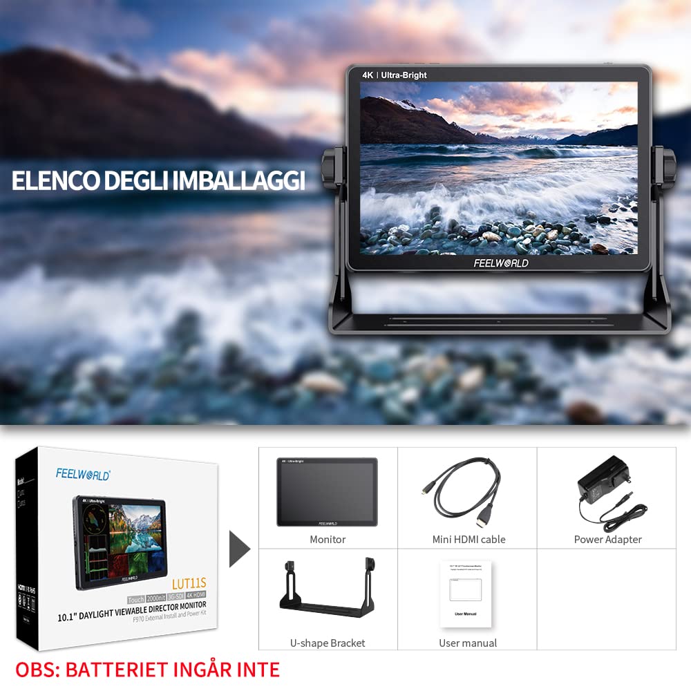 FEELWORLD LUT11S 10,1 Pulgadas Monitor de Campo de Cámara Pantalla Táctil 3D LUT 2000nit Ultra Brillante 1920X1200 3G-SDI 4K HDMI Salida de Entrada con Fuente de Alimentación Externa F970