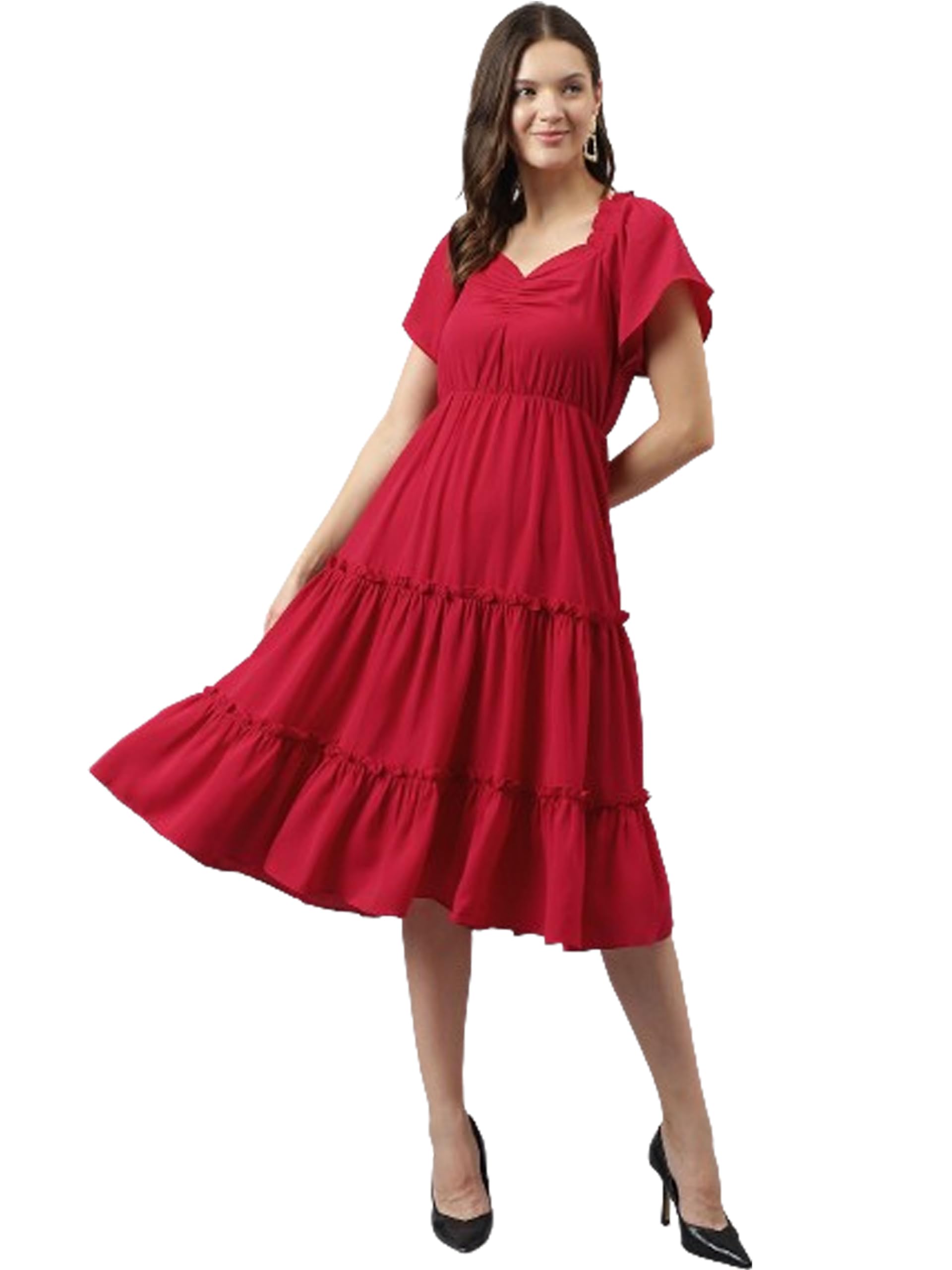 Toochki Women's Red Rayon Solid Fit & Flared Regular Fit Western Midi Length Kurti A Line Style Summer Wear Kurtis Trendy Colour Midi Type Kurtas