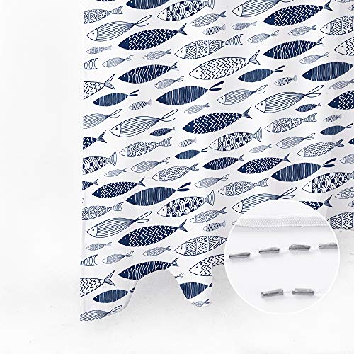 Blue Fish Shower Curtain Abstract Fish Oriental Artistic Print White Background Waterproof Fabric Bathroom Decor Bath Curtain With Hooks 72X72 Inch #TOP6