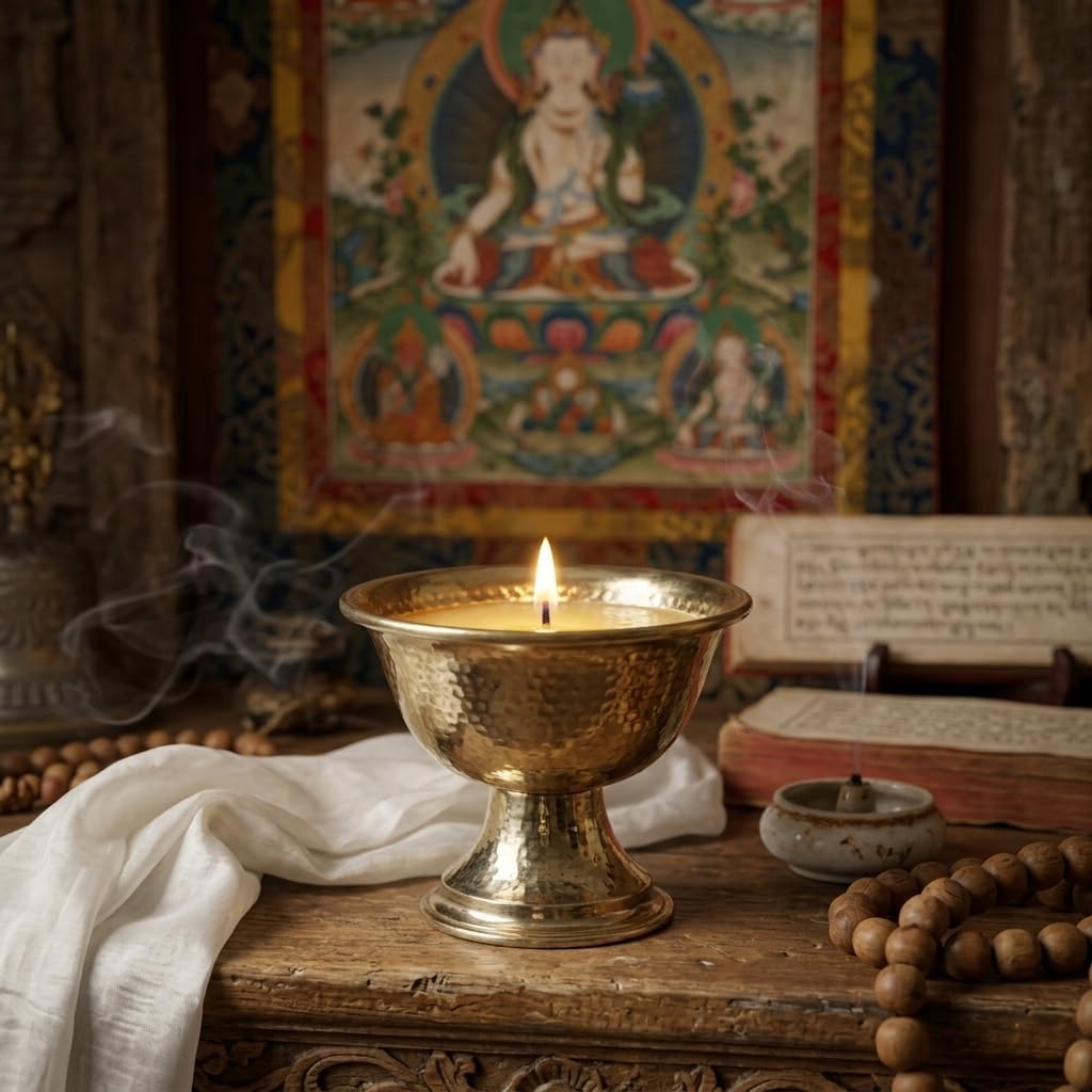 Traditional Brass Butter Lamp Diya for Pooja, Tibetan Style Offering Bowl with Hammered Finish and Pedestal Base for Ghee Oil Lamp Rituals Altar Meditation & Temple Décor