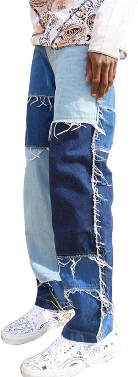MIEAHORYMens Vintage Straight Leg Jeans Patchwork Loose Baggy Denim Pants Hip Hop Pants with Cargo Pockets