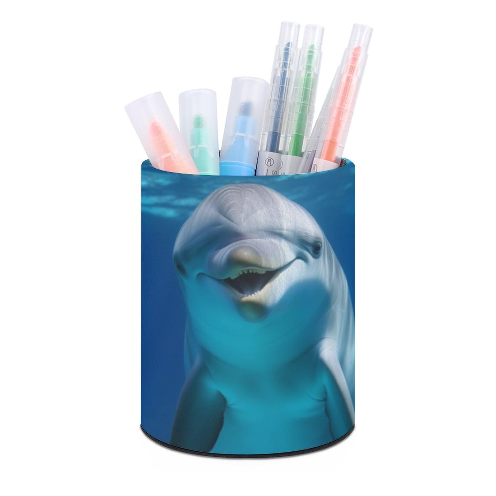 JTREHY Round Pen Holder,Dolphin With Smile Printed Makeup Brush Storage Box Desktop Stationery Storage Cup Office Accessories Storage Box Pencil Storage Box for Home Office Dressing Table