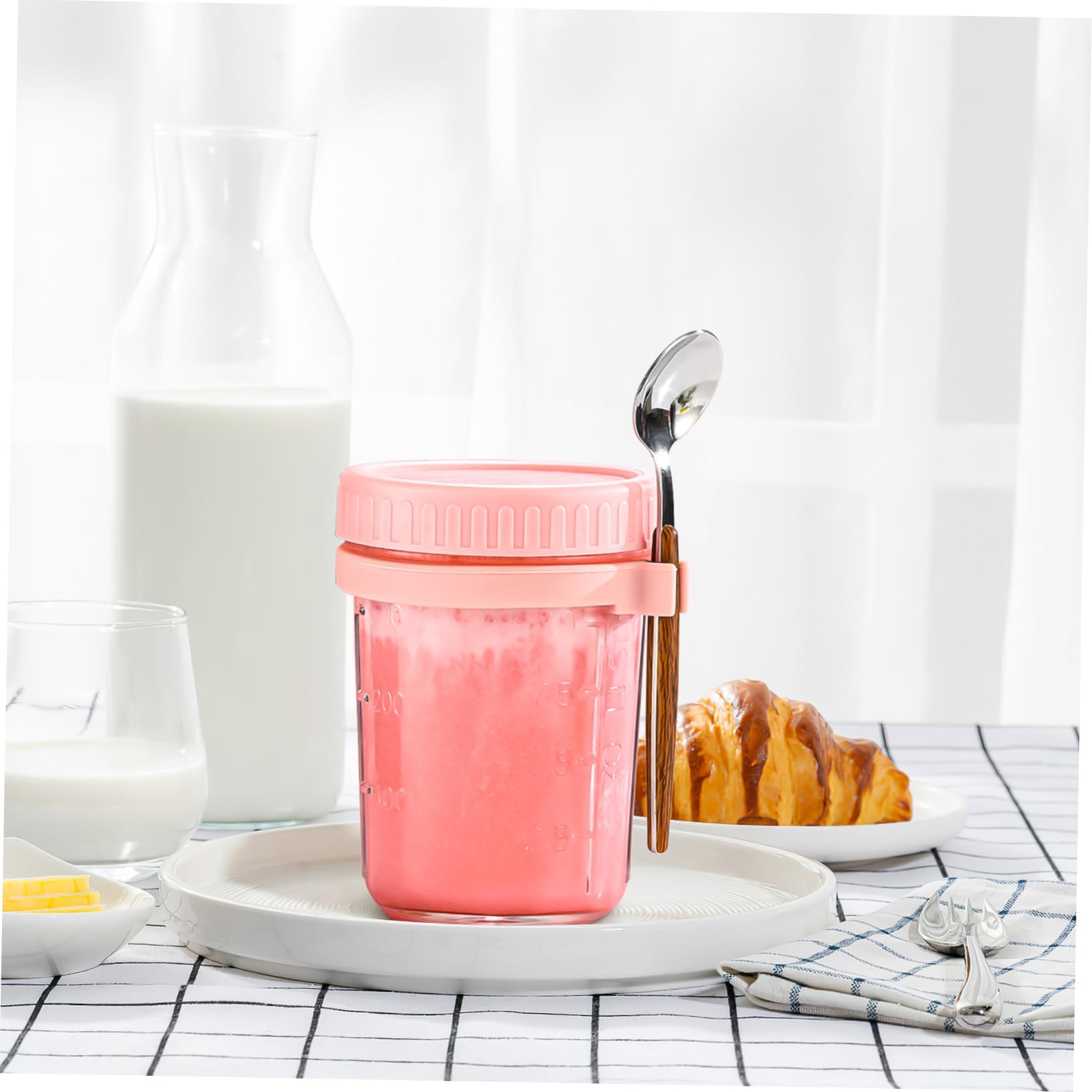 Ciieeo Vorratsdose Glas mit Holzdeckel 4 Stück 400ml mit Löffel aus Glas und Silikon Auslaufsicher für Büro und Schlafsaal