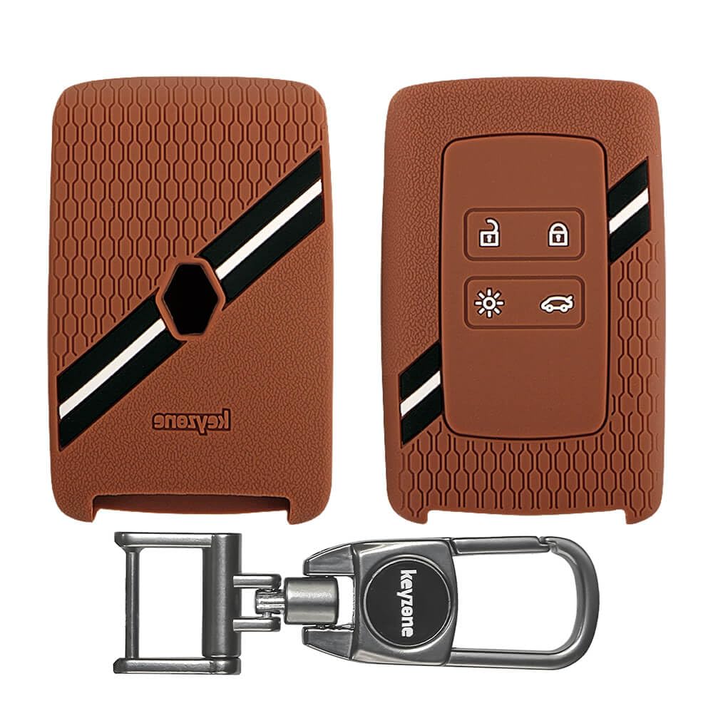 Keyzone Striped Silicone Key Cover & Metal Alloy Key Holder Compatible for Renault Triber | Kiger Smart Card (Brown with MAH Key Holder)