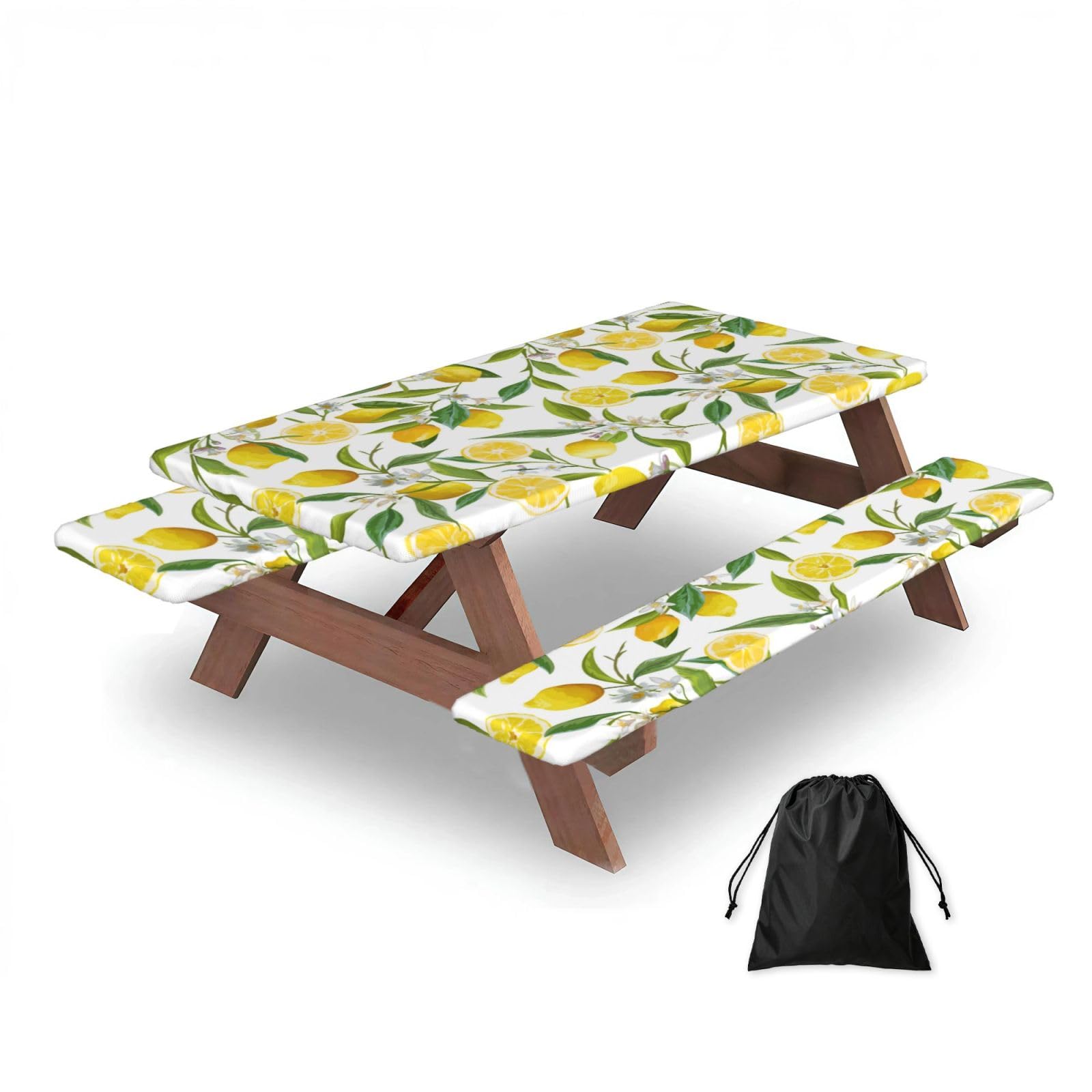 Dopklna As Picture Lemon Fruit Florals, Picnic Table Cover With Bench Covers -Waterproof Elastic Fitted Tablecloth For Garden Camping Patio 76X152cm