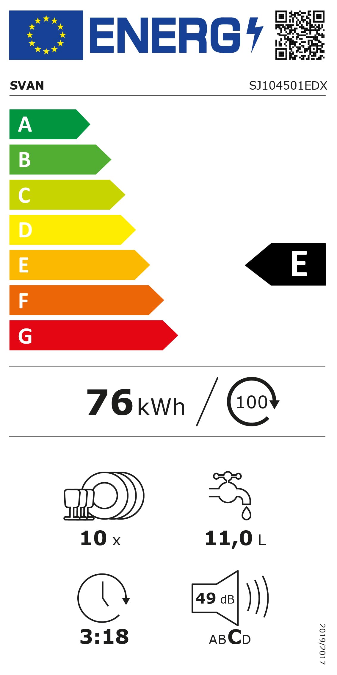 Svan Lavavajillas Inox, Libre Instalación, SJ104501EDX. 10 Cubiertos, 2 Bandejas, 6 Programas, Control Electrónico, Función Stop&Go, Eficiencia Energética Clase E