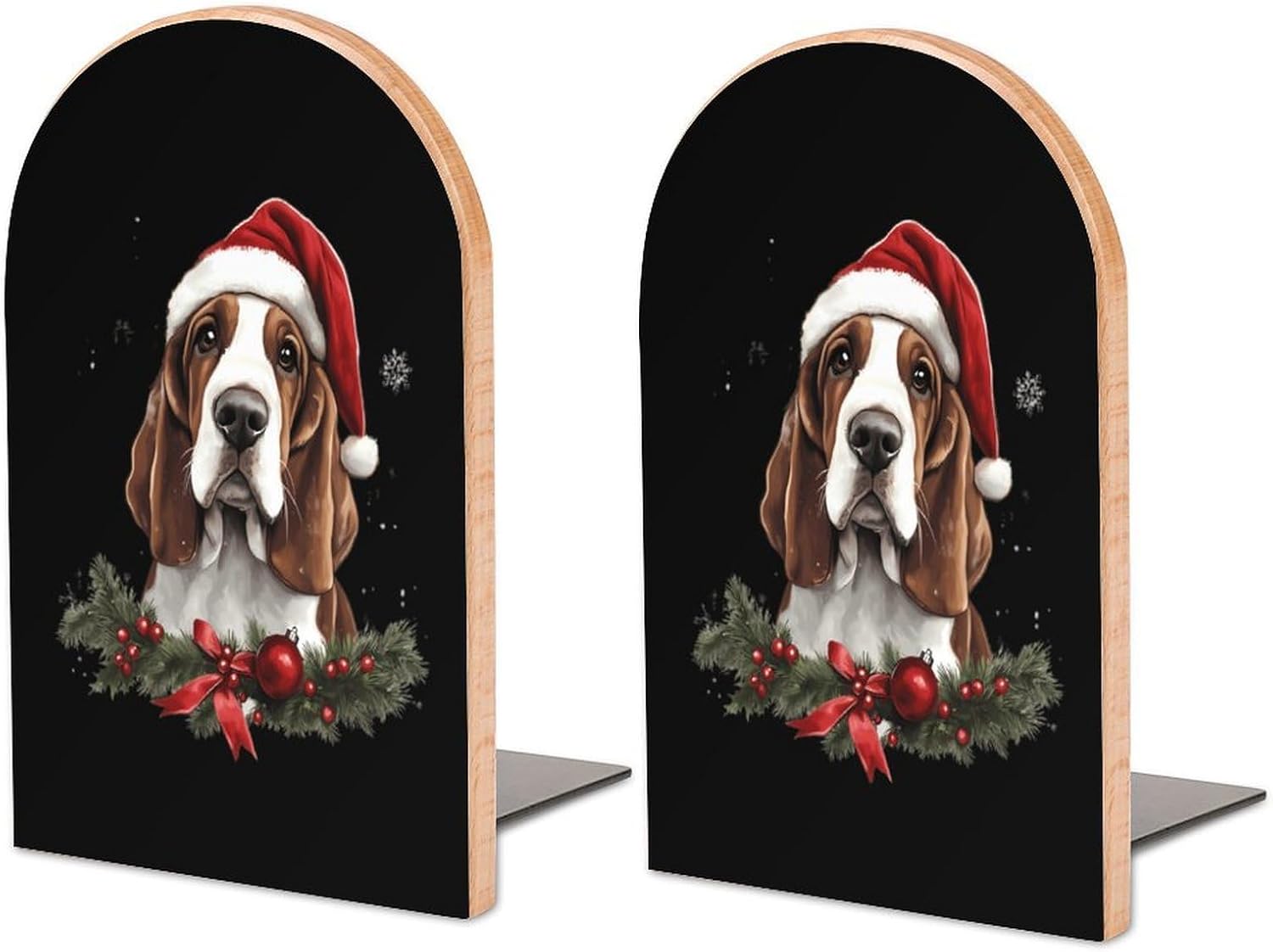 Basset Hound Christmas Cute Wood Book Ends Decorative Bookends 1 Pair Non-Skid for Shelves Home Office 7 X 5 Inch