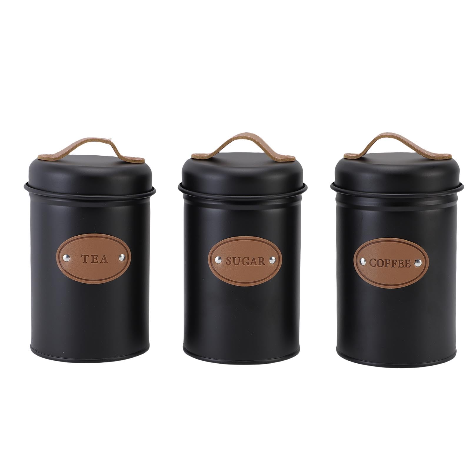 Walfront Set Barattoli Sigillati Barattolo per caffè in Ferro 3 Pezzi 15,5 X 10,4 Cm con Coperchi con Manico Ed Etichette Distintive per tè, caffè, Zucchero, Farina, Bancone della, Dispensa (BLACK)