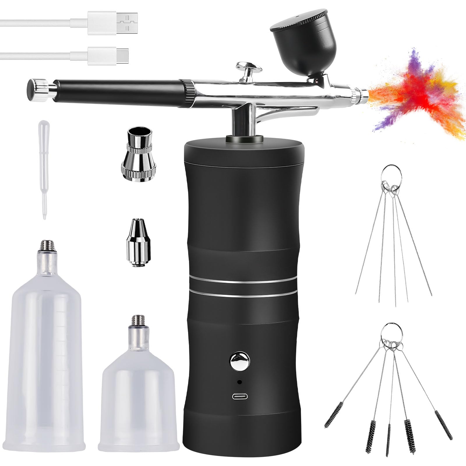 GOMETY Aerografo con compressore, kit da 34 PSI con ugello da 0,4 mm, pistola a spruzzo wireless ricaricabile per graffiti, tatuaggi, unghie, trucco e decorazione di torte.