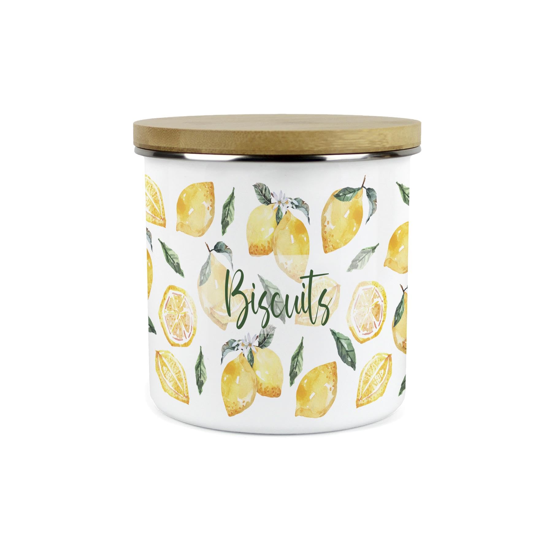Purely Home Painted Lemons Small Biscuits Storage CanisterYellow Kitchen Decor1.2L White Metal Enamel Food Storage Container from B&Q