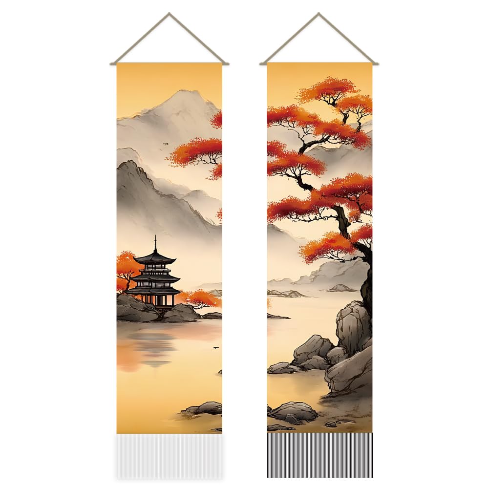 AHANDMAKER 2Pcs Traditional Chinese landscape Tapestry, Pavilion Long Vertical Wall Hanging, Pine Tree Tassel Wall Tapestry Mystic Aesthetic Decorations for Bedroom and Living Room(45.7x13 Inch)