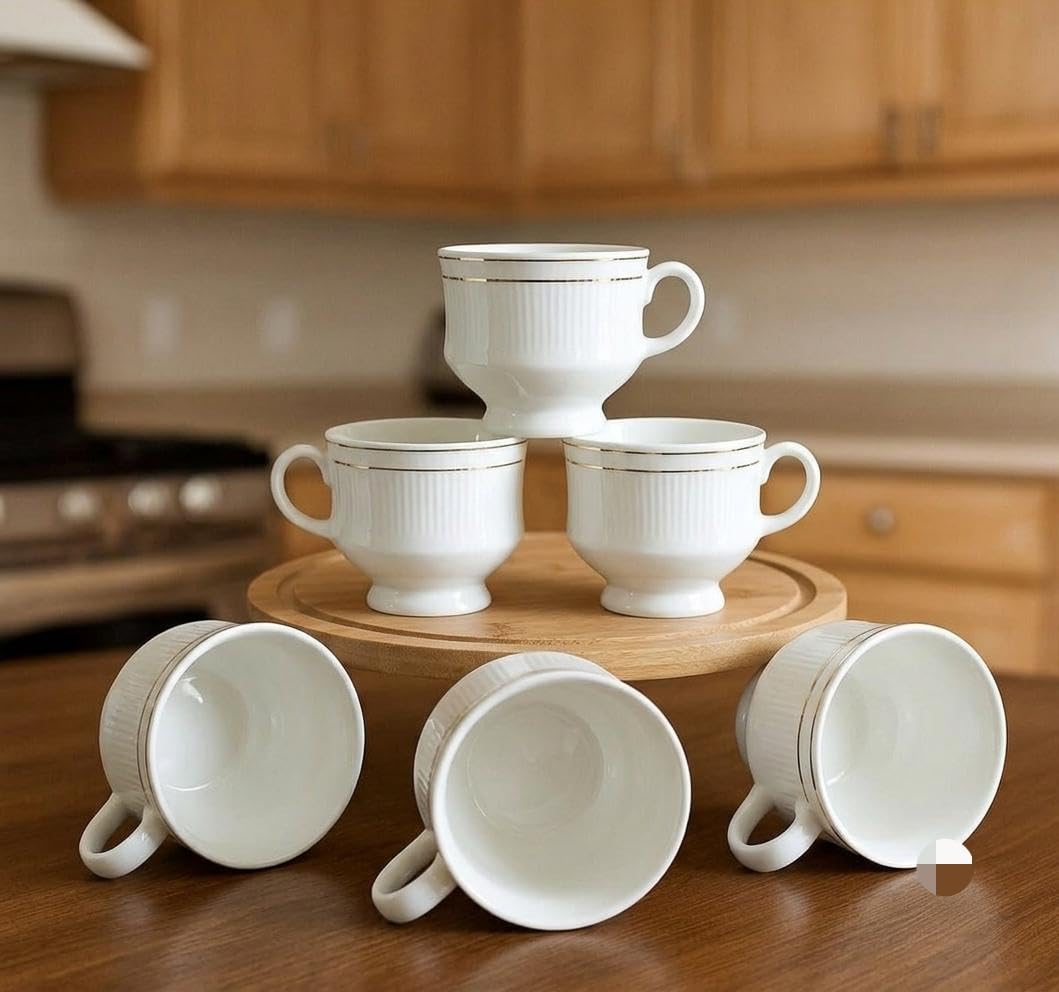 R T Jain 6 Pieces Ceramic Tea & Coffee Cup Set | 140 ML White Ceramic Cups with Gold Line | Elegant Design | Microwave & Dishwasher Safe | Home, Office & Gift Use-picture-38