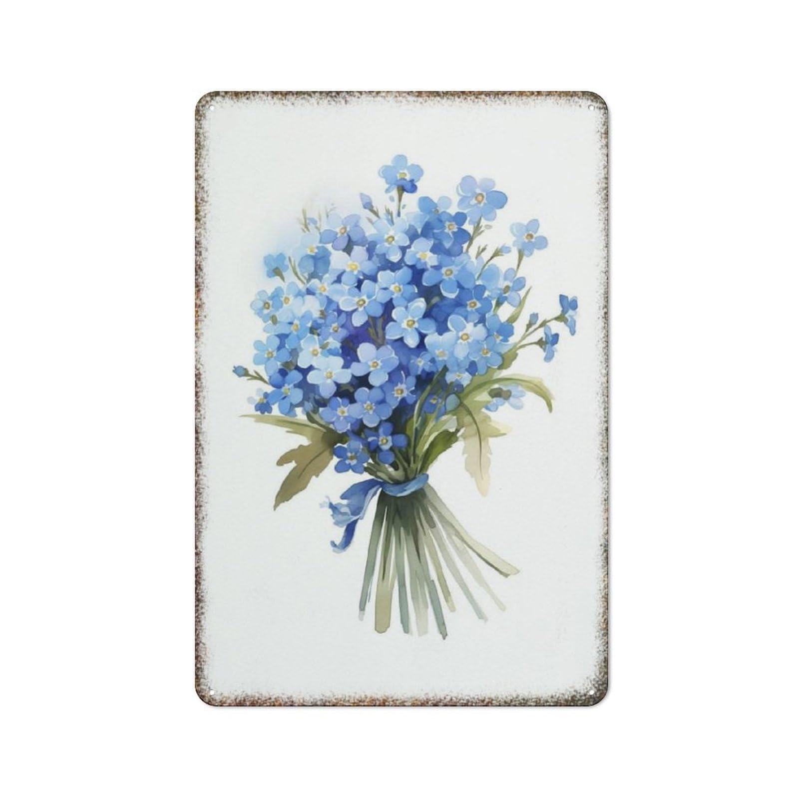 Elegant Blue Forget Me Not Floral Metal Painting Rustic Household Simple Style Wall Art Decor Sign 8x12 Inch