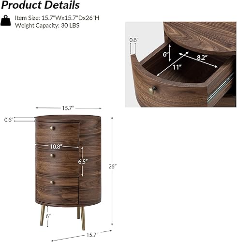 Miniatura 2 de HULALA HOME Mesa auxiliar redonda con 3 cajones de almacenamiento, mesa auxiliar moderna de mediados de siglo con patas de metal, mesa auxiliar