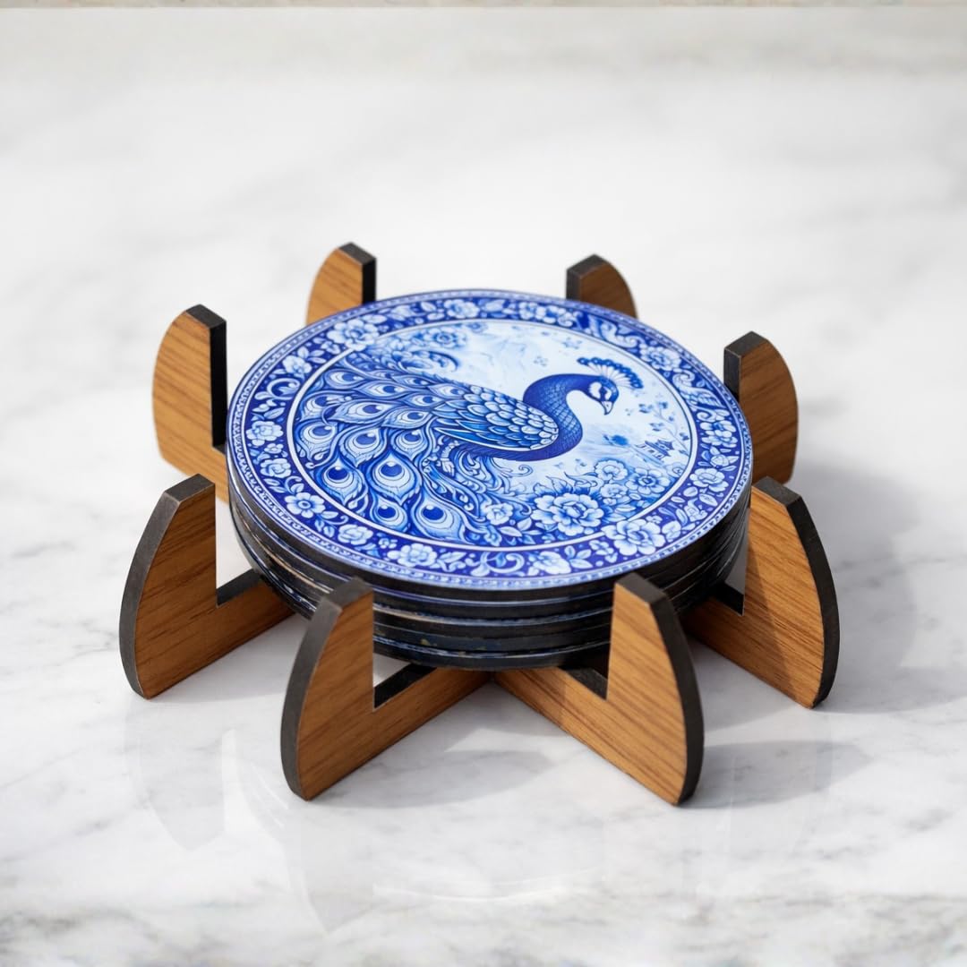 Peacock Printed Acrylic Coasters Set with Wooden Holder | 10 cm Round Glossy Drink Coasters | Decorative Table Protection for Dining, Coffee Table & Office Desk-image-7