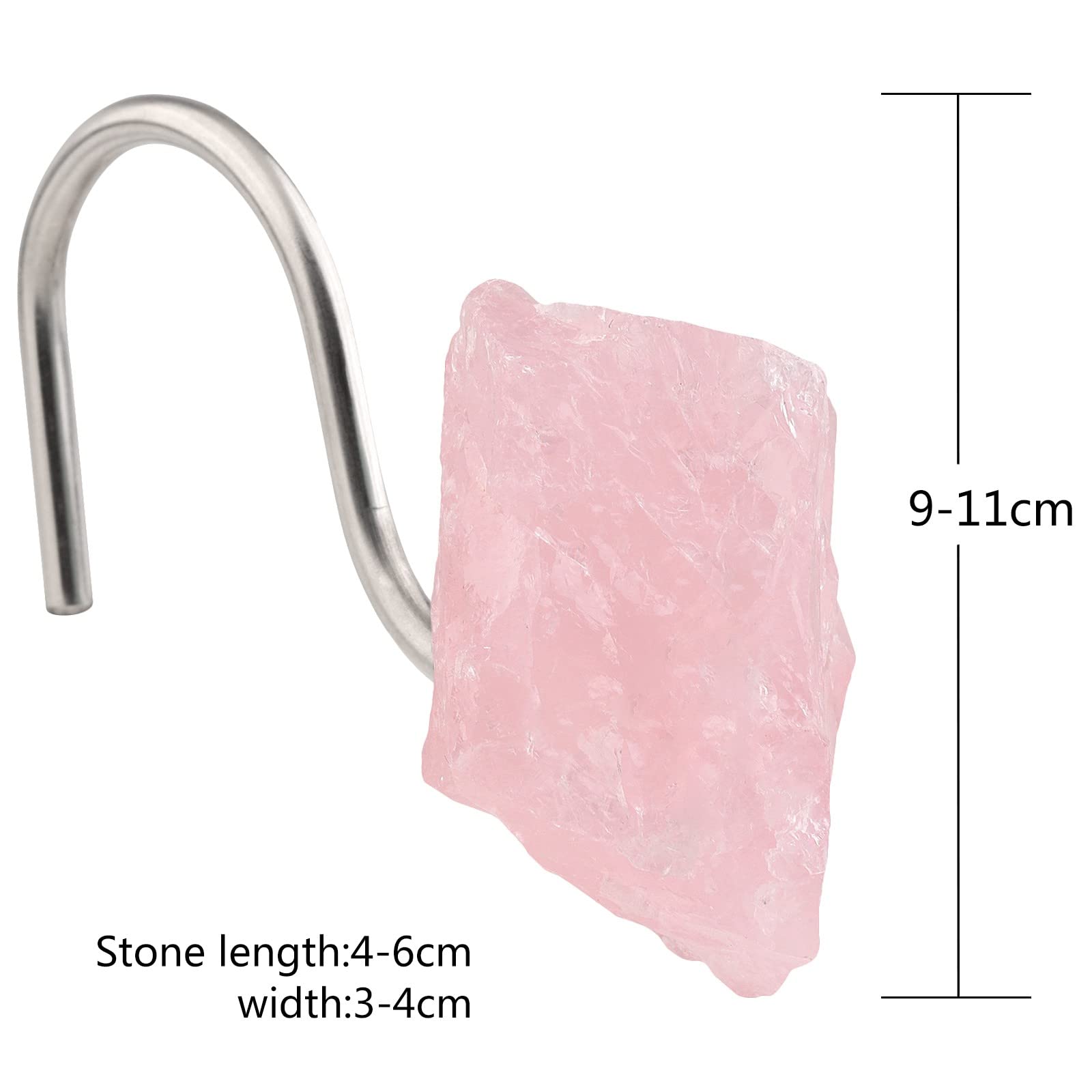 mookaitedecor Lot de 4 crochets de rideau de douche en cristal de quartz rose naturel, anneaux décoratifs en acier inoxydable pour salle de bain, décoration d'intérieur
